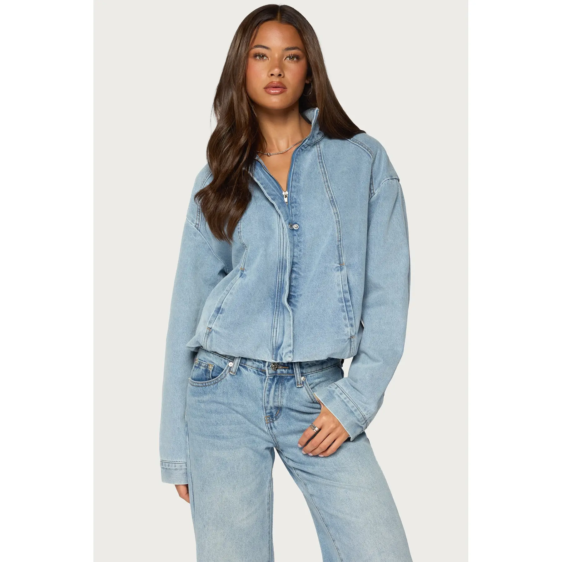Jaysi High Neck Denim Bomber Jacket Jaysi High Neck Denim Bomber Jacket