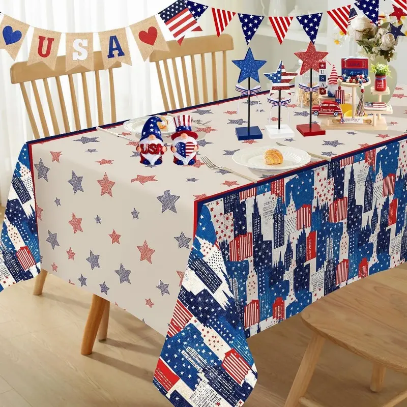 EastJia 1pc Rectangle Polyester America 250th Anniversary Theme Decoration Tablecloth - 2D Flat Print, Red/Blue Stripes, Multi-Peach Accents, Durable, Smooth, Machine-Made, Easy to Clean, Glam, Ideal for Celebration Events & Wall Decor