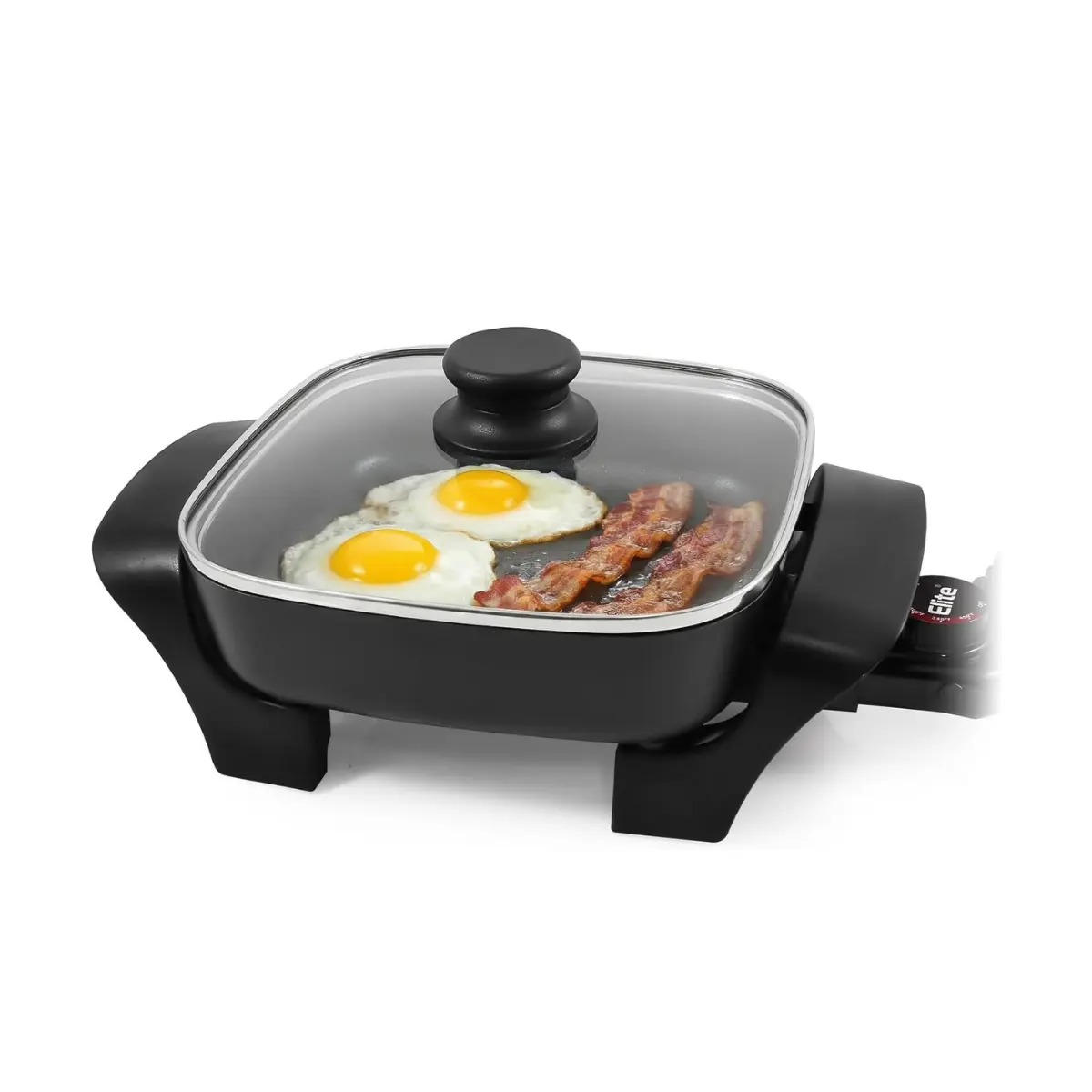 Electric Skillet 8"x8" Non-Stick Coating, Tempered Glass Lid, Removable Thermostat 200°F–400°F, Dishwasher Safe, 600W Compact 2.5-Qt Capacity for Eggs, Bacon & One-Pot Meals, Black