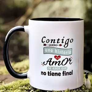 Romantic Ceramic Coffee Mug with Spanish Love Quotes - "Amor" Heart Design, White & Black Contrast, Durable Ceramic Cup for Couples, Anniversary Gift, Outdoor Leisure Use, Coffee Cup