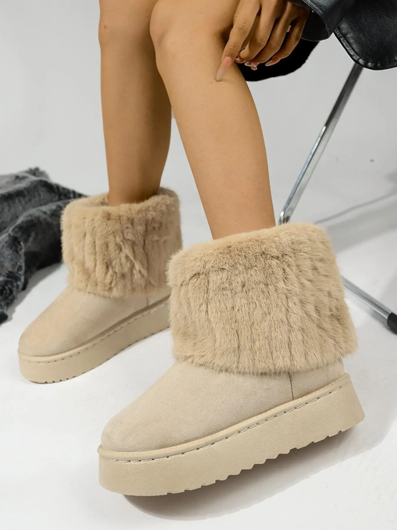 Women's Solid Color Fluffy Lined Snow Fur Boots, Casual Comfortable Mid-calf Boots for Fall & Winter, Female All-match Trendy Fall Winter Boots, Fall