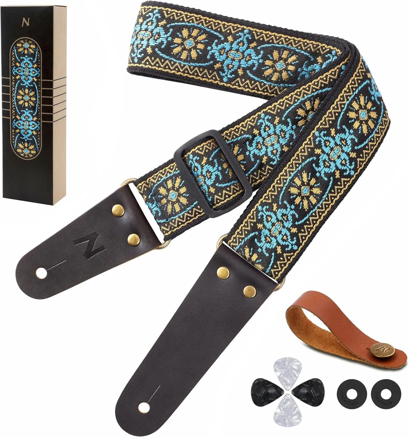 Guitar Strap, Embroidered Cotton Guitar Straps with  Cowhide Leather Ends for Bass, Electric & Acoustic Guitars, Free Strap Button, 1 Pair Strap Locks and 4 Guitar Picks