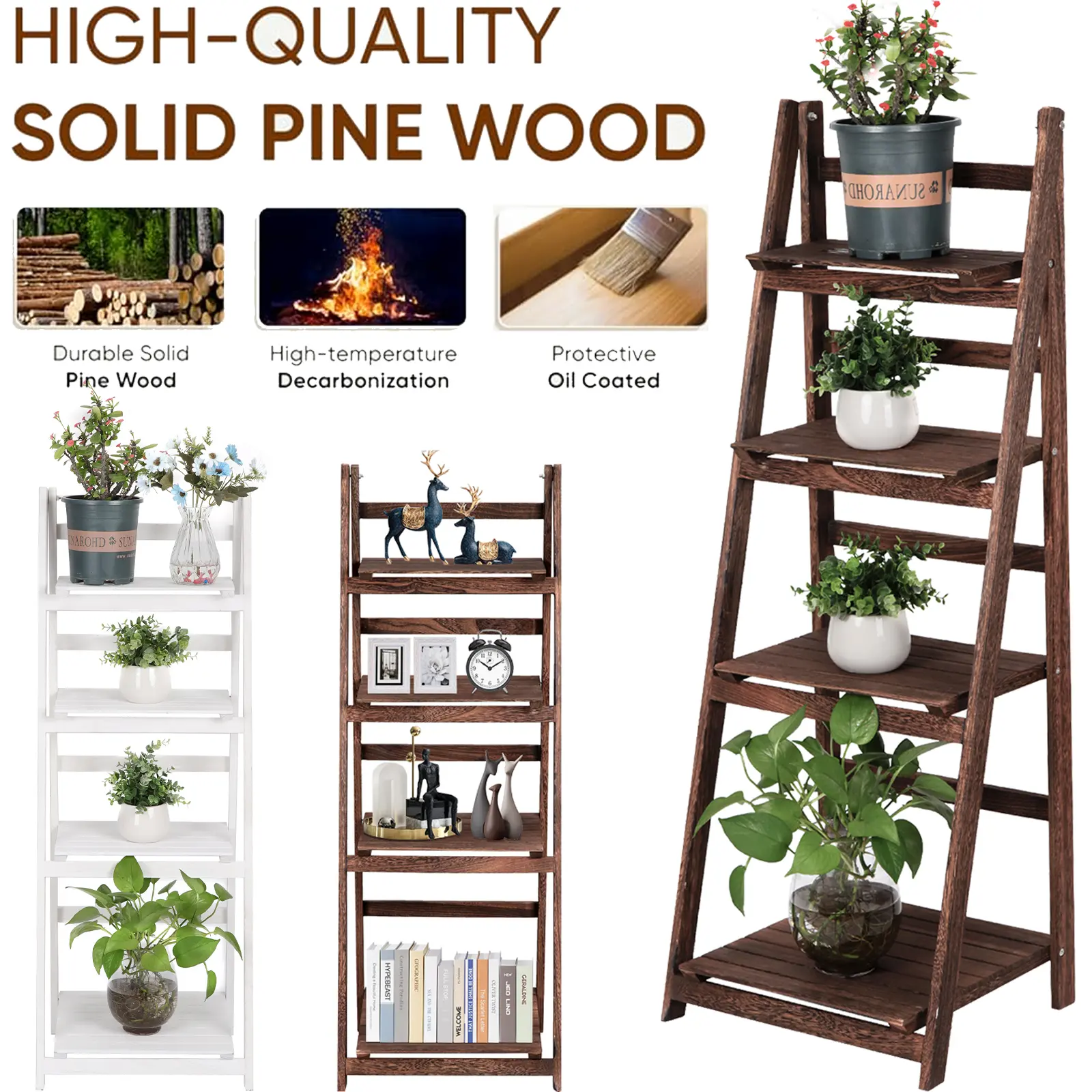 4-Tier Ladder Shelf BookcaseWooden Bookshelf Plant Flower Stand Bookshelf Bathroom Shelves  Storage Shelf for Living Room Kitchen Organiser Racks Farmhouse Decorative bookshelf shelves Collapsible Smooth