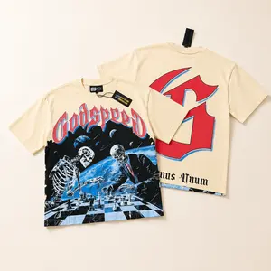 GODSPEED: American Rock & Streetwear Style Vintage Washed Short-Sleeve T-Shirt Specialty Print, Unisex Loose Oversized Pure Cotton Graphic Tee, Retro Hip Hop Urban Summer Streetwear Tops, 4th of July Independence Day Trendy Casual Wear