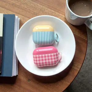 Pink Checkered Blue Stripe AirPods Case, Cute Aesthetic Protective Cover for AirPods 1, 2, 3, 4, Pro 2, Pro 3, Trendy Stylish Case