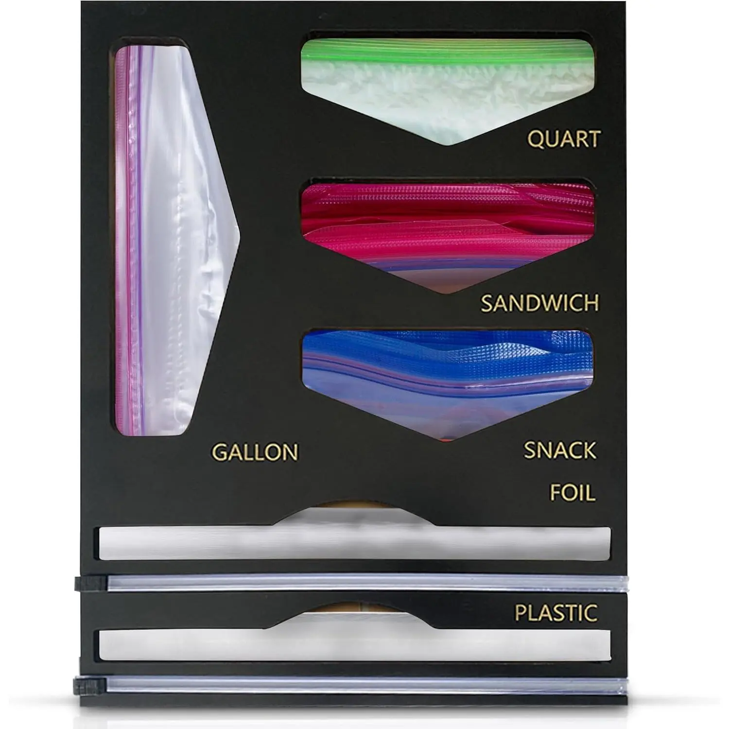 6-in-1   Storage Bag Organizer for Drawer - Holds Gallon, Quart, Sandwich, Snack Bags & 12" Foil or Plastic Rolls - Plastic Bag Organizer with Wrap Dispenser & Built-In , Black