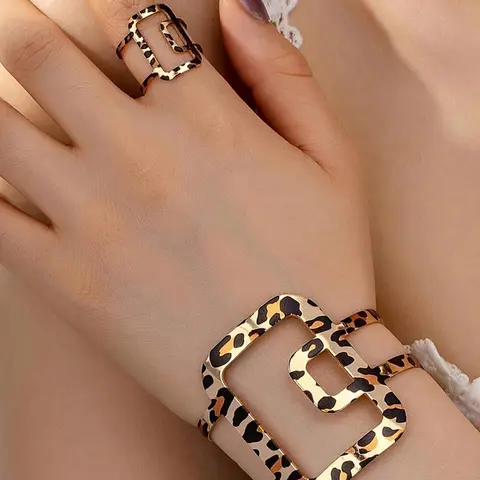 Women's Vintage Leopard Print Cuff Bangle & Ring, Bracelet Ring Set, Vintage Jewelry Set, Fashionable Jewelry Set, Fashion Jewelry for Party, Daily Clothing Decor, Trendy All-match & Exquisite Jewelry for Birthday Gift