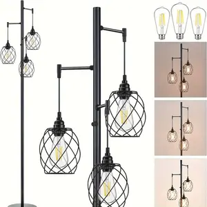 2024 70" Dimmable Floor Lamp for Living Room, Industrial 3-Light Tree Floor Lamp Black with Cages, Farmhouse Rustic Tall Standing Lamp Floor Lighting for Bedroom Office, LED Edison Bulbs