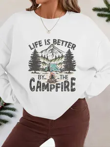 Women's Cartoon Camping & Letter Print Crew Neck Sweatshirt, Casual Long Sleeve Pullover for Fall & Winter, Women's Clothes for Daily Wear