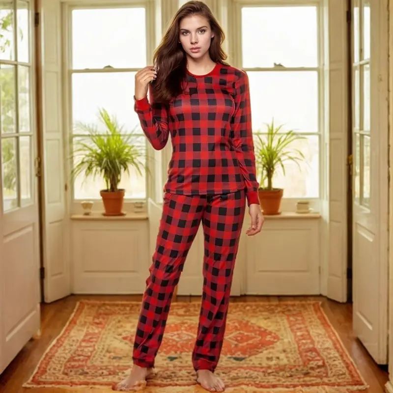 Womens Pajamas Sets Long Sleeve Tops with Jogger Pants Soft Pjs Lounge Set Outfits with Pockets Grey Plaid M