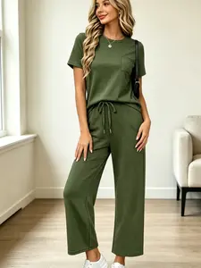 Women's Fashion Solid Color Casual Round Neck Pocket T-Shirt + Drawstring Wide Leg Pants Set Loose Fit Slimming Wide Leg Pants Two-Piece Set Suitable for Summer Commuting to Work Shopping Outings Indoor and Outdoor Wear
