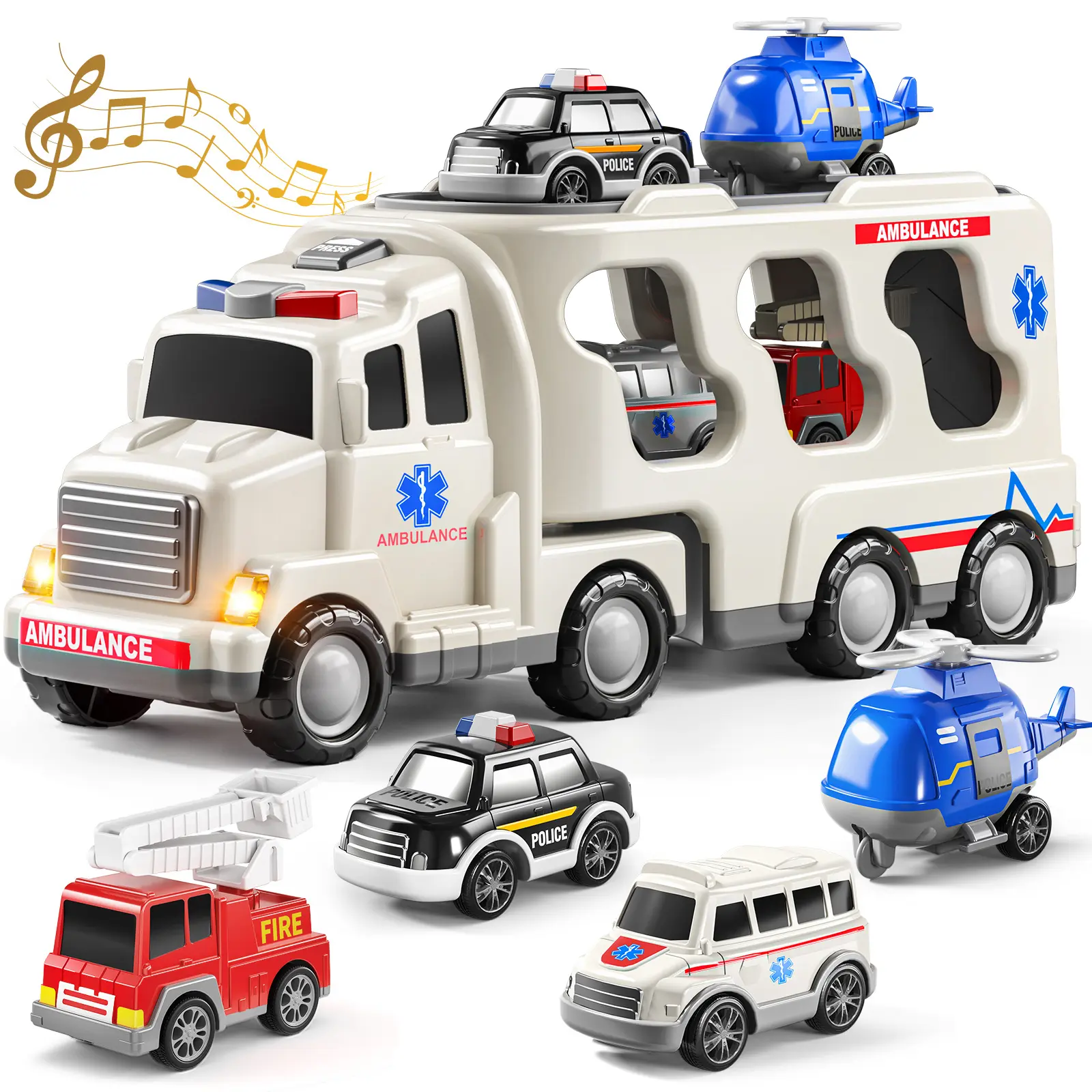Electric 5 In 1 & 7-in-1 Engineering Vehicle Sets - Cartoon Car, Fire Truck, Ambulance Designs with Lights & Sounds, 3+ Kids' Toy, Christmas/Birthday Gift