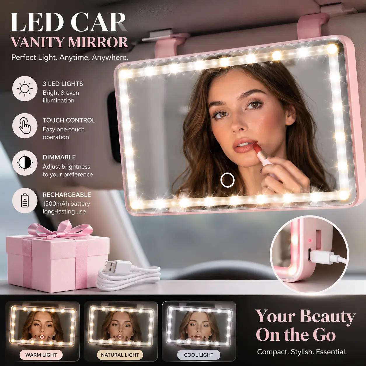 [DRIVN] LED Car Vanity Mirror –  Touch Control, Dimmable Lights