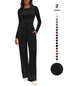 Women's Two-Piece Homecoming Set, Long Sleeve Top & Wide-Leg Drawstring Pants, Casual Match, Comfortable Fashion, Perfect for Home Wear