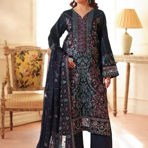 Raw-silk Embroidered Front & Back with Siquence Organza Sleeves Chiffon Dupatta 4-sided Border Plain Trouser