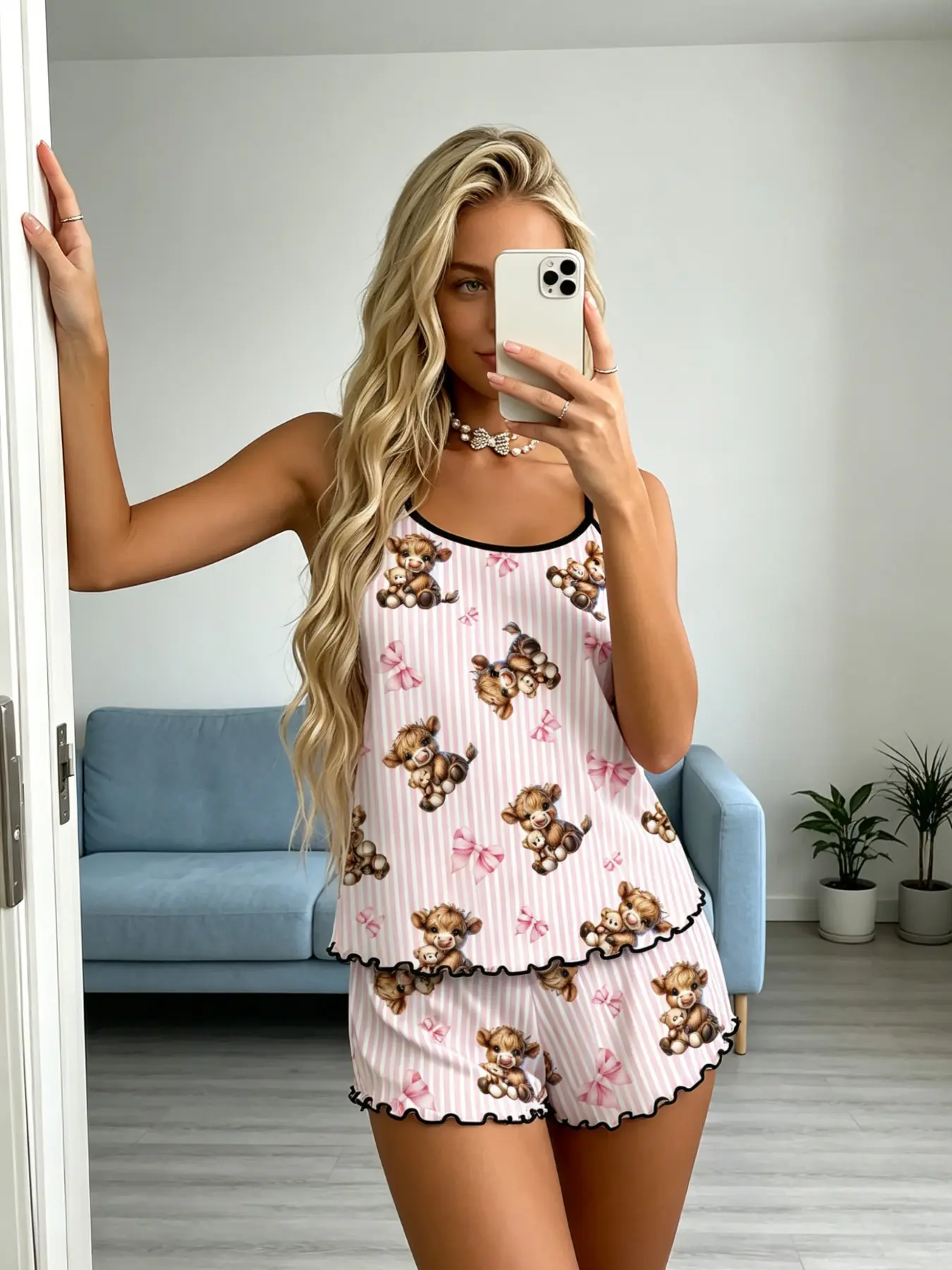 Pink White Striped Teddy Bear Print Milk Silk Pajama Set - Soft Ruffled Hem Cami Loungewear for Women, Cute Cartoon Animal & Bow Pattern Summer Sleepwear, Breathable Two-Piece PJs, S-XL
