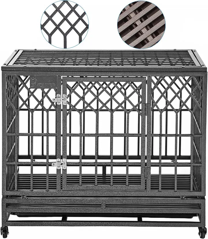 Dark Silver Y-Shape Heavy Duty Metal Dog Crate, Strong Pet Kennel Playpen with 2 Escape-Preventing Locks, Large Dog Cage with Wheels