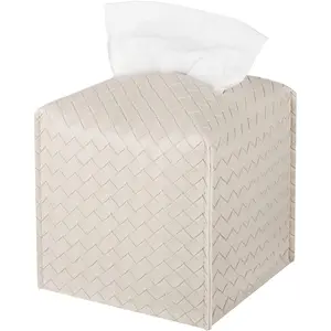 Tissue Box Cover PU Leather Tissue Holder Square Facial Tissue Case Facial Paper Organizer Dispenser for Bathroom, Vanity Countertop, Tabletop, Car, Griege