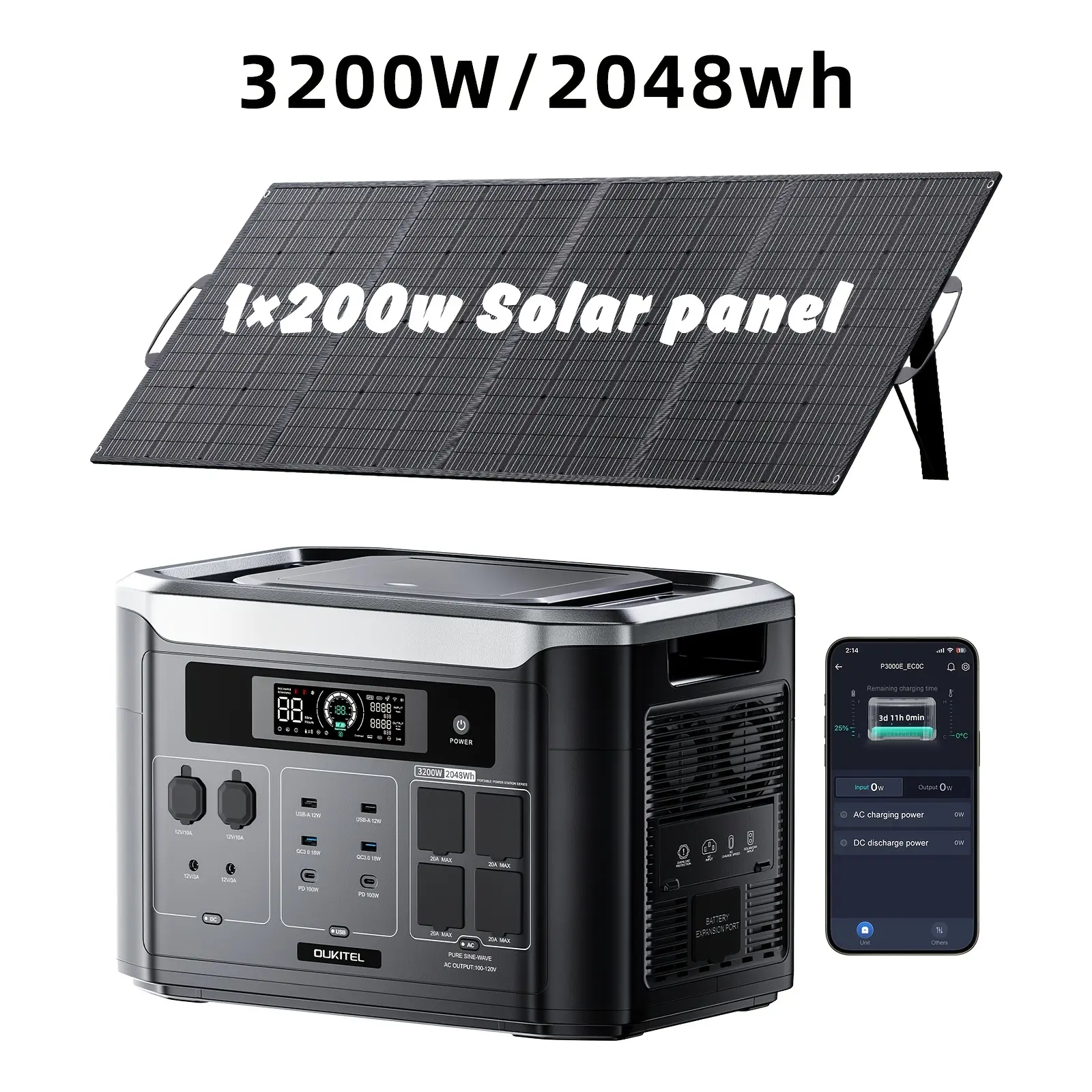 OUKITEL BP3000 Portable Power Station with 200W Solar Panel, 3200W(6400W Surge), 2048Wh LiFePO4 Battery, Expandable to 16kWh, Solar Generator for Power Outages, Emergencies