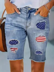 Casual Mid-Length Denim Shorts, Women Flag Star Patch Style, Fashion Casual, Comfortable Fit, Perfect for Daily Wear