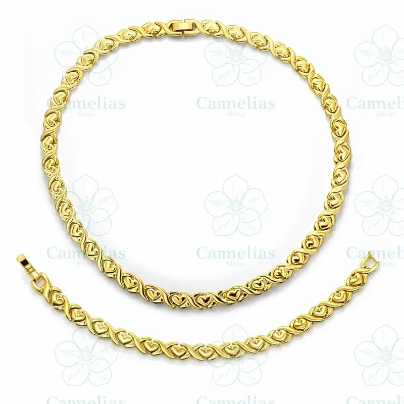 14k Gold Plated set Heart Shaped XOXO Choker 18 inches and 7.5 inches also 20 inches set bracelet for Women Set-5002