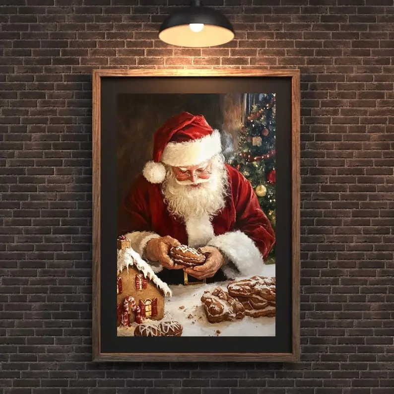 Christmas Gingerbread House and Santa Art Poster, Vintage Cozy Christmas Wall Art Poster, Printable Kitchen Home Decor