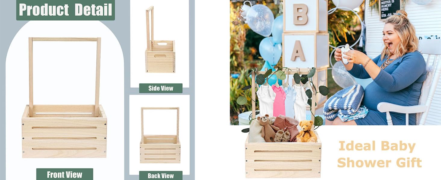 Wooden Baby Shower Crate Closet, Newborn Gift Basket with Handle and Hanger Garland, Gender Reveal Storage Box, Personalized Baby Gift for Pregnant New Parents NO.LPL Wood-S