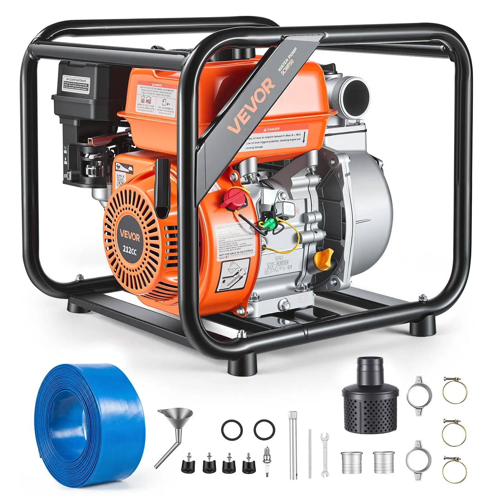 【summerfinds】VEVOR 7HP Gas Powered Efficient Water Pump, 2 in, 142 GPM Semi Trash Transfer Pump, Portable Gasoline Engine with 25 ft Discharge Hose, Heavy Duty Frame, Cast Iron Impeller, for Irrigation, Ponds, Farms, Efficient Pump