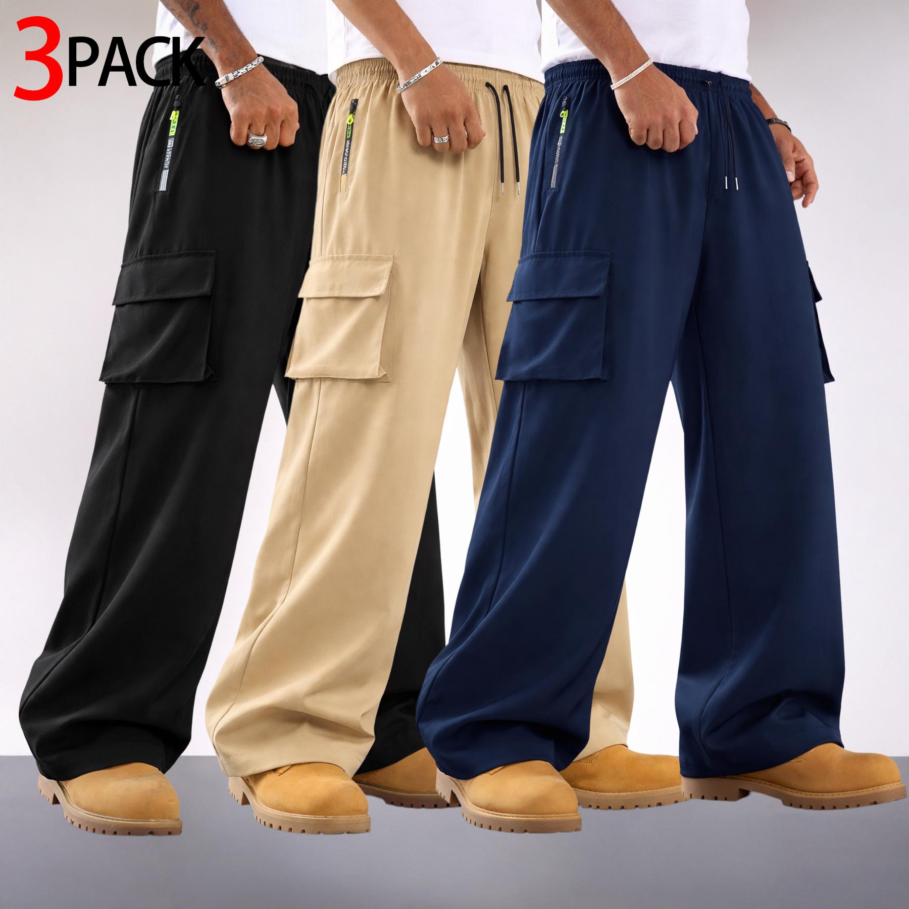3-Pack Men’s Cargo Pants – Wide Leg, Drawstring, Multiple Pockets; Streetwear Utility Pants with a Loose Straight Fit, Zipper Pocket, and Large Flap Cargo Pockets; suitable for casual commuting, outdoor wear, and relaxed everyday outfits.