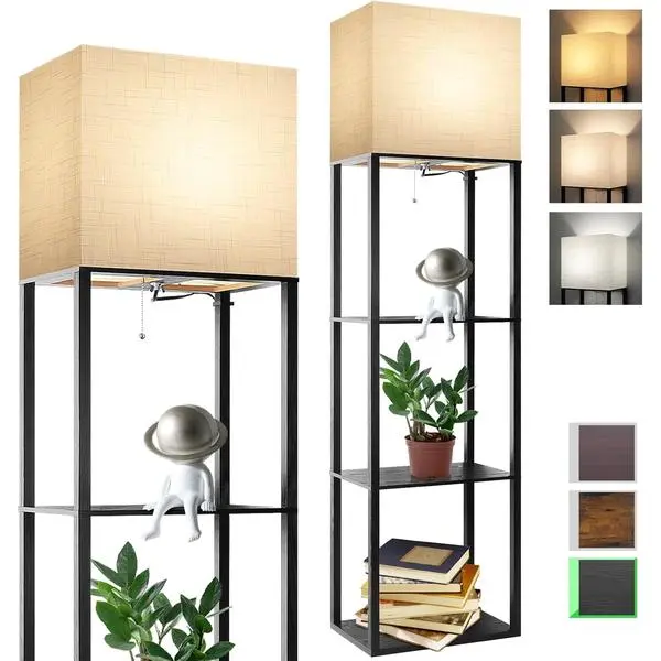 Plus Floor Lamp with Shelves, Shelf Lamp with 15W LED Bulb, 3 Colors, Memory Function, Wide Display Shelf for Collectibles Storge, Floor Lamps for Living Room, Standing Lamp for Bedroom