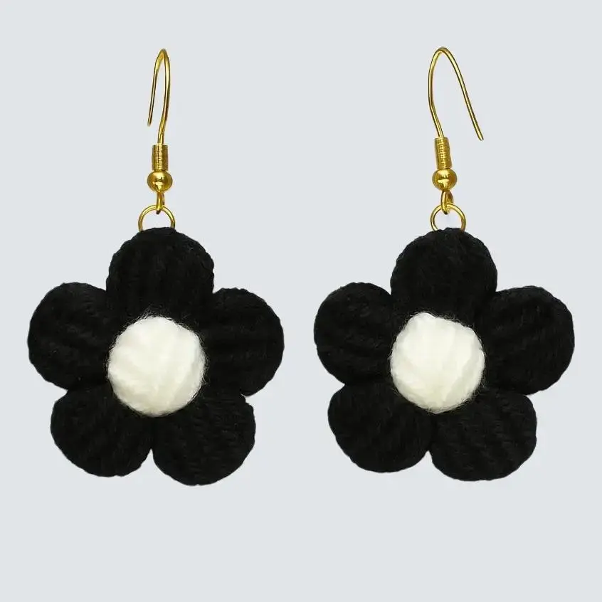Daisy Dangles Black and White Handcrafted Crochet Flower Earrings Lightweight Whimsical One-of-a-Kind Jewelry for Women Find Your Whimsy Unique Earring Design Classic Style