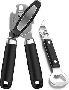 2PCS Can Opener Manual & Bottle Opener, Smooth Edge Manual Can Openers with Strong Magnet, Heavy Duty Stainless Steel Abrelatas Handheld Can Openers - Premium Kitchen Supplies (Black)