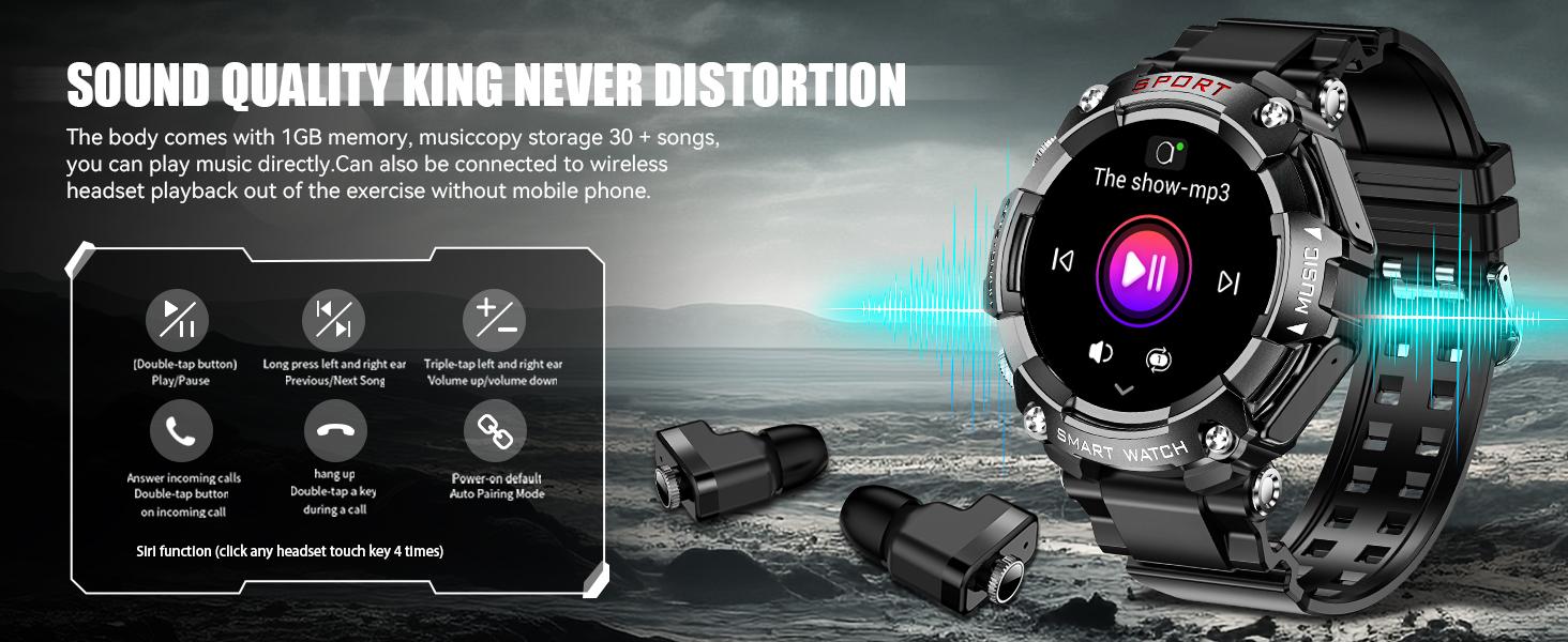 Smart Watch with Built-in Earbuds, 2 in 1 Wireless Call Smartwatch with Notification, 1.52" IPS Touch Screen, IP67 Waterproof, Music Player, Multi Sport Modes, Activity Recorder, Long Battery Life Smart Watch for Men Compatible with Android iOS