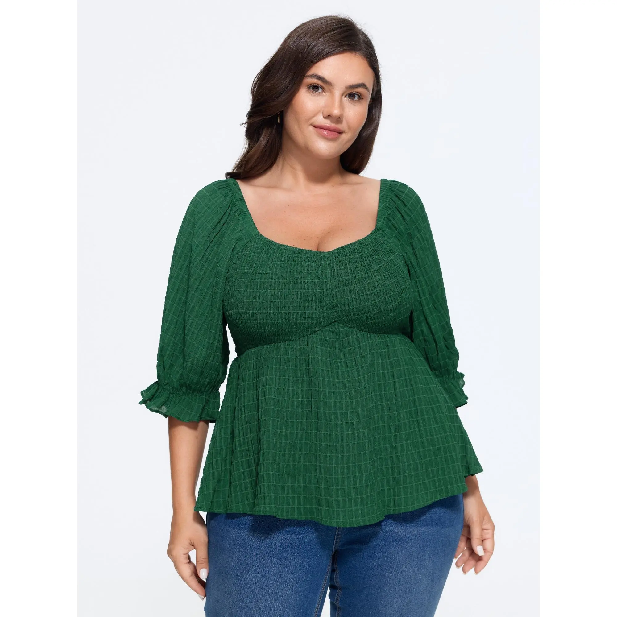 BloomChic Women's Plus Size Textured Square Neck Shirred Peplum Blouse, 2026 Summer Finds [M-6X]