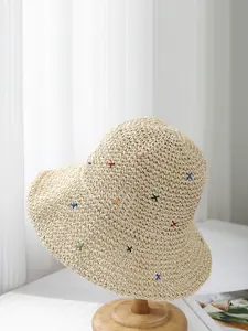 Women's Handmade Straw Hat, Boho Style, UV Protection, Foldable Fisherman Hat, Fashion Colorful Sun Hat, Beach Sand Hollow Out Breathable Cap, Sun Visor Cap