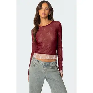 Edikted Women's Lacey Sheer Mesh Crew Neck Top