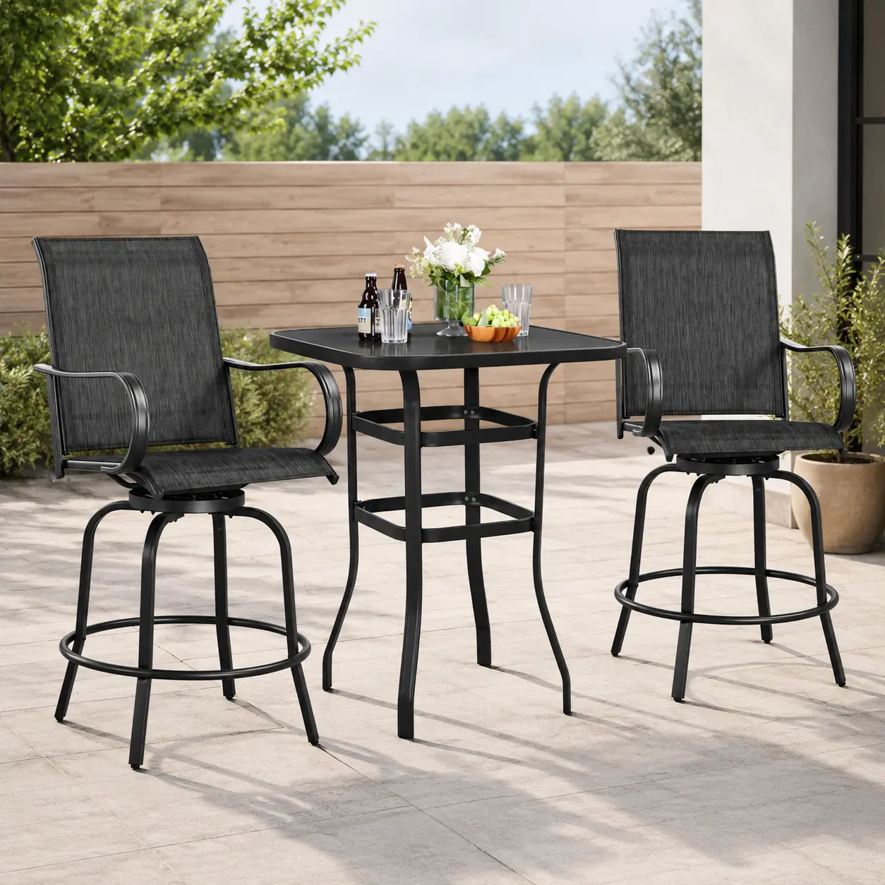 Yaheetech 2-Piece Outdoor Swivel Texteline Bistro Barstools, Quick-Dry High-Back Patio Chairs with Armrests & Footrests, All-Weather Outdoor Furniture for Garden, Balcony