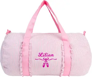 MT WORLD Pink Ballet Bags for Girls Ruffle Kids Overnight Duffle Bag Seersucker Personalized Dance Bag with Name Weekender Bag Custom Small Duffle Bag for Travel School Sleepover