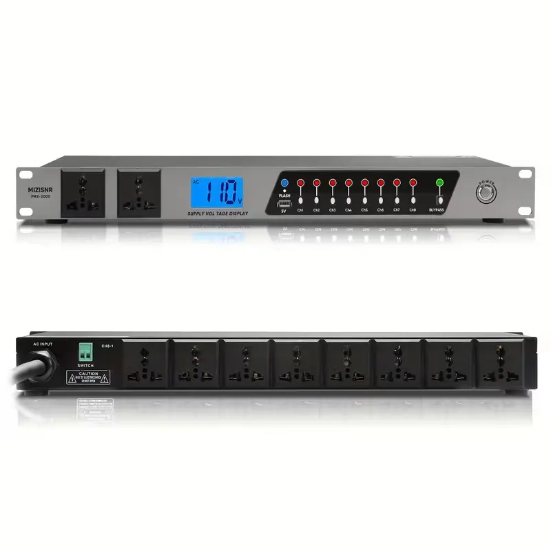 Rack-Mounted Power Sequencer (Power Conditioner): 20A, 10 Outlets, Suitable For Audio Equipment, 2000W Rated Power, 8 Independent Switches, Integrated 2P Surge Protector, External Switch Control, With Voltage Display