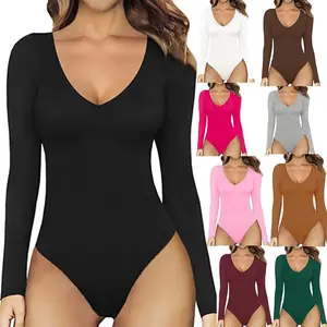 Women’sSexyV-NeckLongSleeveBodysuit2025EuropeanOne-PieceTopsforEverydayWearshapewearbodysuitSlimbigshowbodysuit