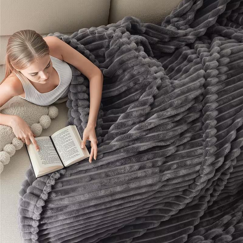 UFIST Warm And Cozy Flannel Blanket, Imitation Rabbit Fur Blanket, Soft And Warm Sofa Blanket, Office Bed Camping Travel Nap Blanket, Four Seasons Multipurpose Striped Pattern Gift Blanket