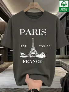 Men's Paris Eiffel Tower T-Shirt, 100% Cotton French Style Streetwear Tee, Long Fitted Design for All Seasons