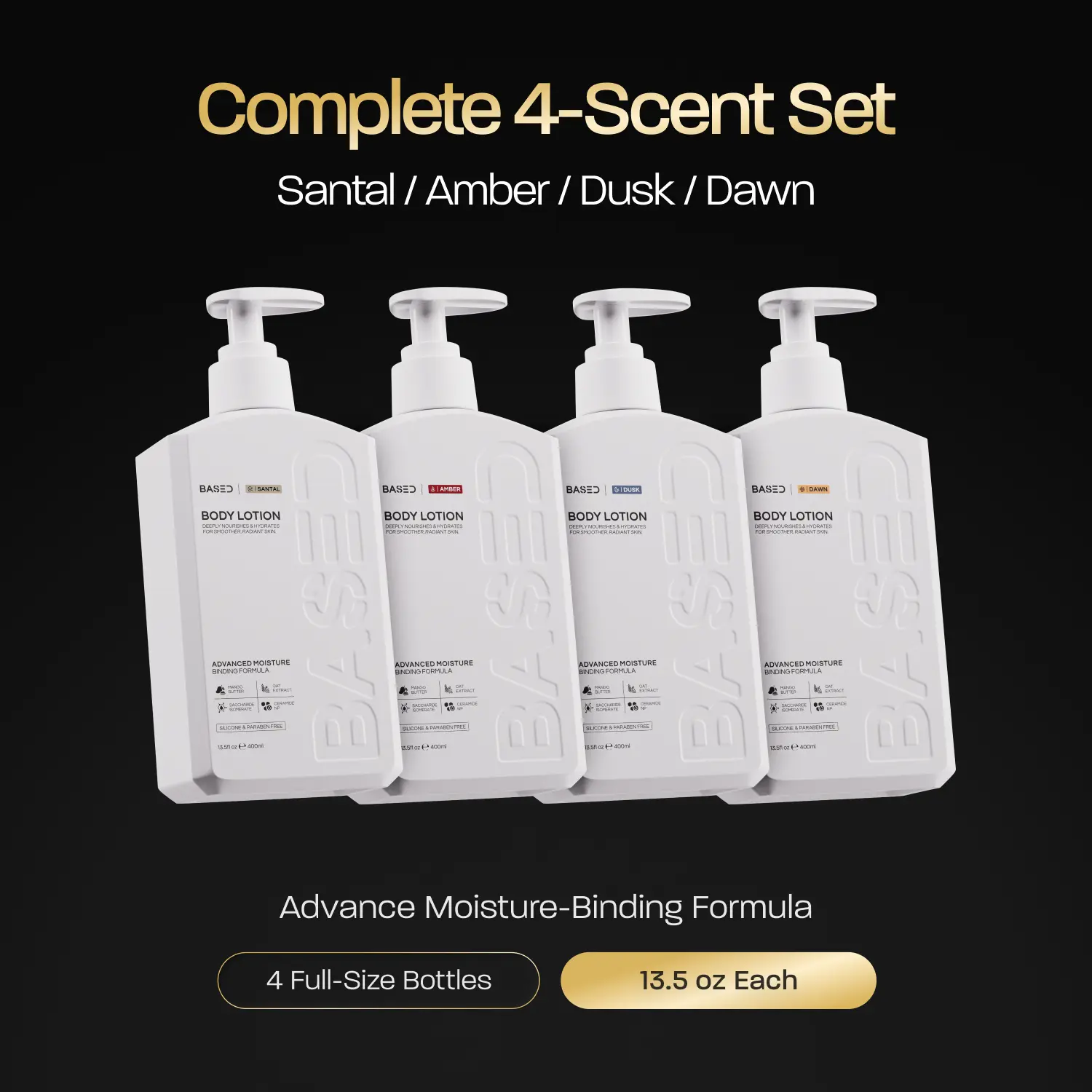 BASED Body Lotion | All Scents 4-Pack | Advanced Moisture Binding, Deeply Nourished, Visibly Radiant | Simple, Effective, BASED.