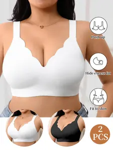 2Pcs Plus Size Bras for Women, Wireless Unlined Wave Edge Design, Casual Slim-Fit Basic Everyday Bralettes, Daily Wear Wide Strap Comfort