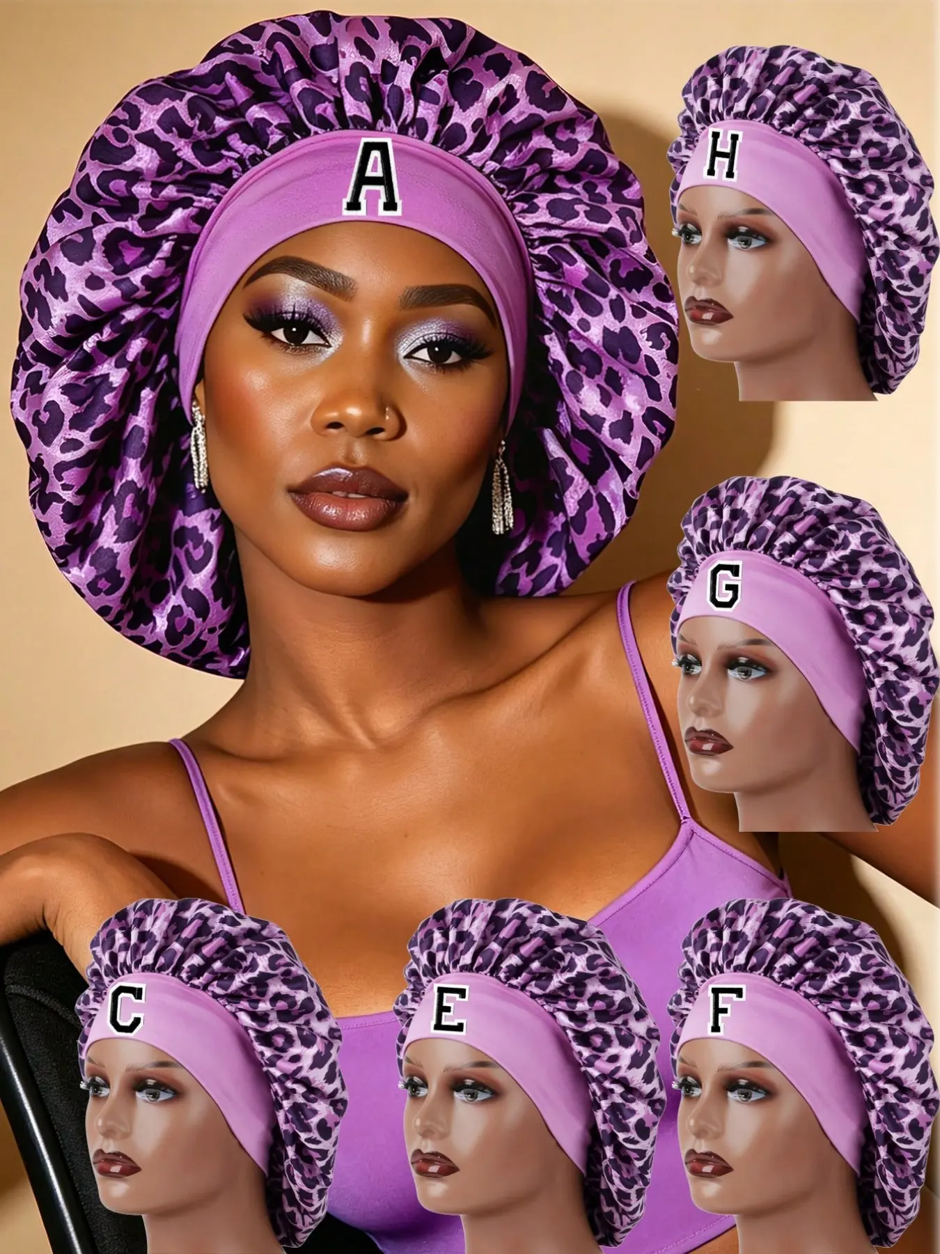 1PC Leopard Print Satin Sleep Bonnet, Customizable A-Z Letters, Soft Comfortable Silk-Like Nightcap, Bonnets For Sleeping, Hair Care Hat for Home & Travel
