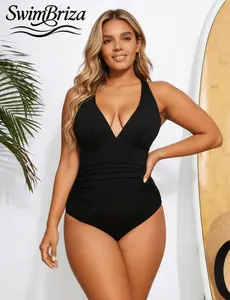 Briza｜Halter V Neck Ruched Black One Piece Swimsuit For Women With Plus Size Swimwear Comfort And Shapewear Swimsuit Tummy Control, A Bathing Suit Women Pick Among Swimsuits For Women For Beach Vacation With Supportive Fit For Confidence