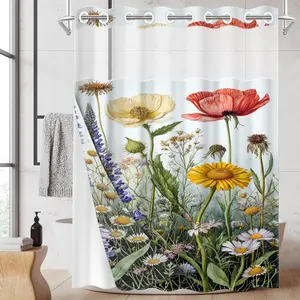 1PC Double Layer Shower Curtain, Hookless Shower Curtain, No Hooks, Vintage Wildflower Botanical Print Waterproof Fabric, Farmhouse Botanical Home Decor, Hotel Bathroom Accessory, Detachable Buckle Shower Curtain and Liner, Bathroom Room Divider