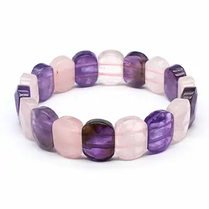 10x14MM Natural Amethyst Rose Quartz Bracelet Stone Square Beads Strand Bracelets Amethyst Rose Quartz Healing Crystal Rectangle Bangle Women Gemstone Jewelry Gifts