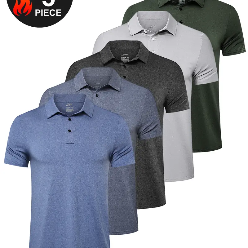 HOPLYNN 5-Pack Men's Quick-Dry Fitted Short Sleeve Button Sport Polo Shirts - Breathable, Washable, Moisture-Wicking, Compression, UV-Protective Athleisure Tops for Golf, Workouts