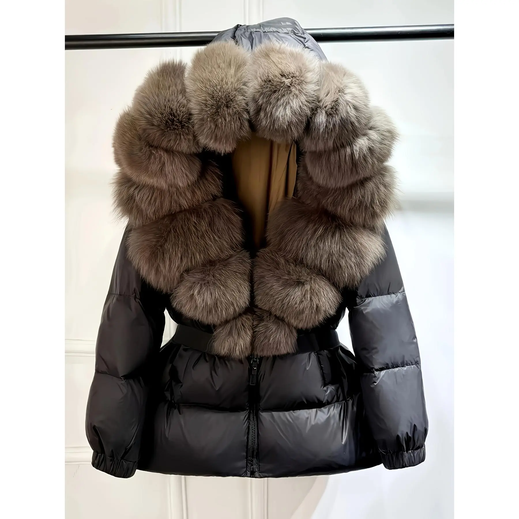 Women's Hooded Winter Coat with Large Faux Fur Trim, Elegant Solid Color Belted Style in Woven Polyamide, Hoodie